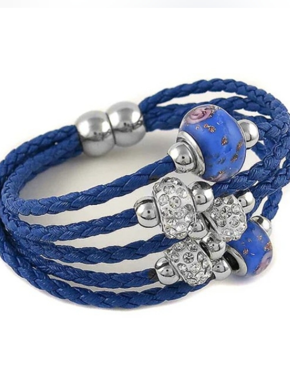 Blue & Silver Leather Wrap Bracelet With Glass & Crystal Beads